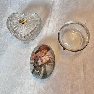 Vintage Decorative Glass Heart Box and Painted Oval Trinket lot